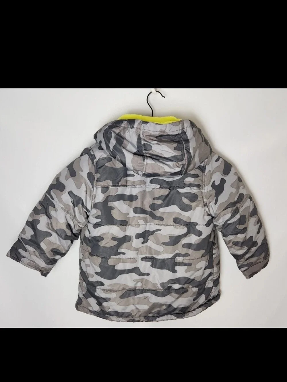 Carter's Gray Camo Hoodie Puffer Jacket with Yellow Trim 4t